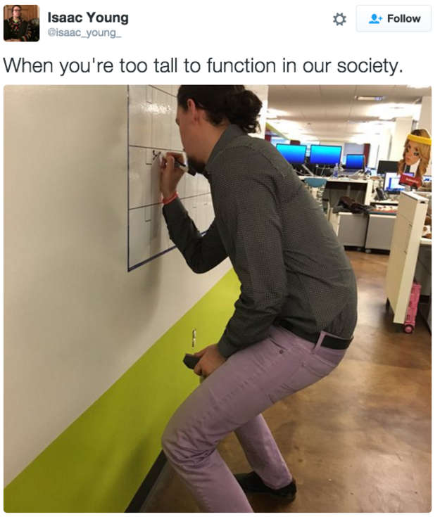 stuffthatfits's tweet image. When you start brainstorming at the office and end up in a low-key CrossFit workout.

#TallPeopleProblems