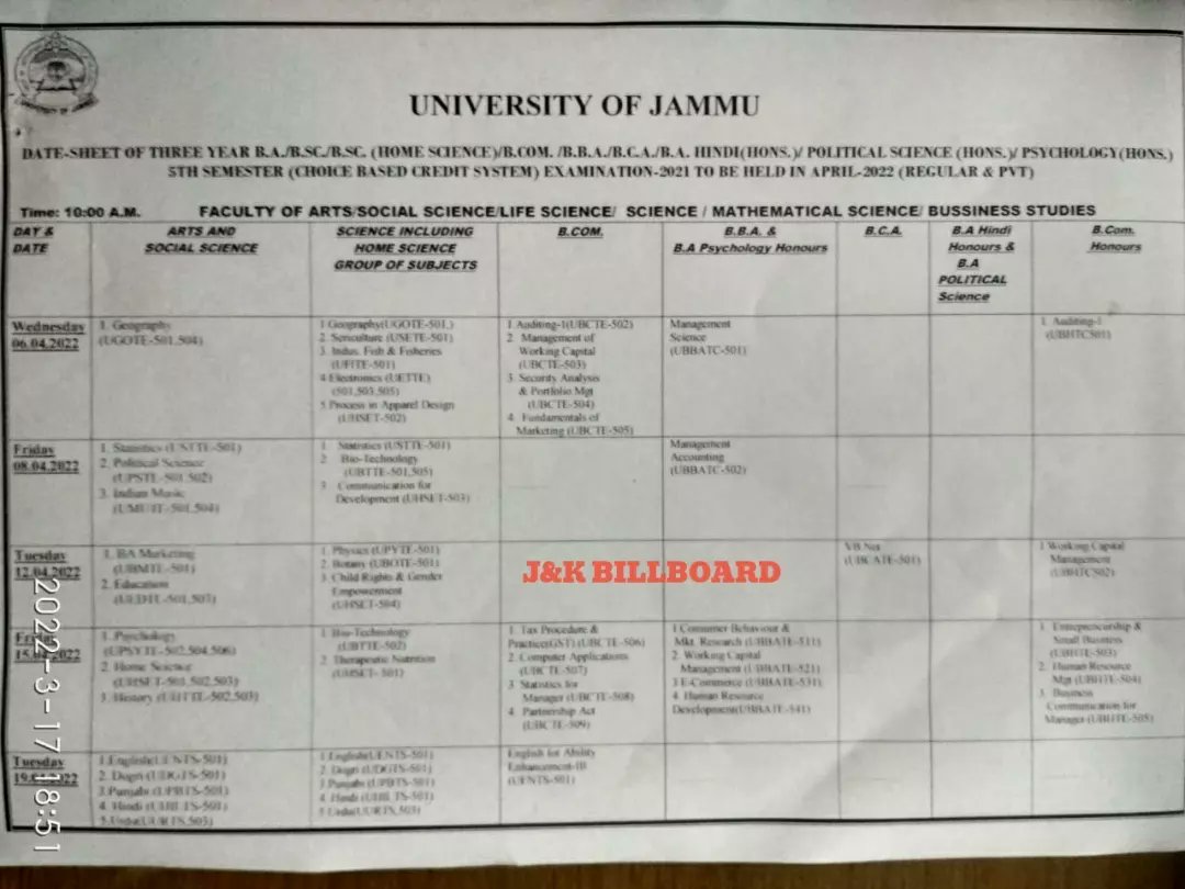 jk_billboard's tweet photo. Date Sheet of UG(Three Year Degree Course) 5th(CBCS) semester , 2021-22. JAMMU UNIVERSITY

FOLLOW @jk_billboard FOR MORE

#coeju  #jammu #5thsemester #jkbillboard #datesheet https://t.co/gUmaxINHHG