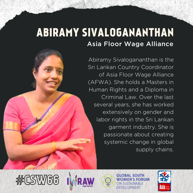 FIDA_Uganda's tweet photo. Abiramy Sivalogananthan from 🇱🇰 emphasizes the urgency of addressing the historical legacy of violation of women's labour rights in Asia.
She notes there is a need for governance of supply chains in line with the UNGPs on #bizhumanrights and corporate accountability. #CSW66 https://t.co/gaaf5LkFJN