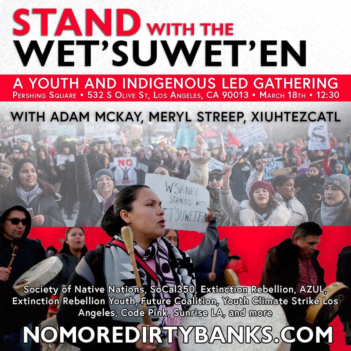 GeorgeFunmaker's tweet photo. We are demanding an end to the funding and violation of Indigenous rights and lives! Join our solidarity action tomorrow at 12:30 at Pershing Square to tell @RBC @CityNational that it’s time to end their support of the CGL Pipeline! #NoMoreDirtyBanks #WetsuwetenStrong https://t.co/Bb62JcrpLa