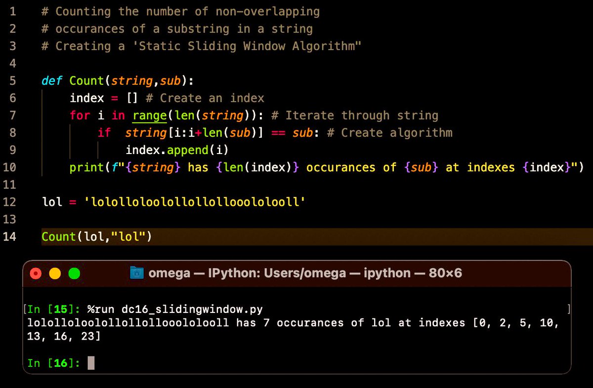 TheAlienPrinx's tweet image. #100DaysOfCode FINALLY figured out what was going on with my sliding window algorithm (it was an indentation issue in line 10 🤦🏾). Getting comfy using #ipython to run my scripts. 

#Python3 #pythonprogramming #learnpython #pythonlearning