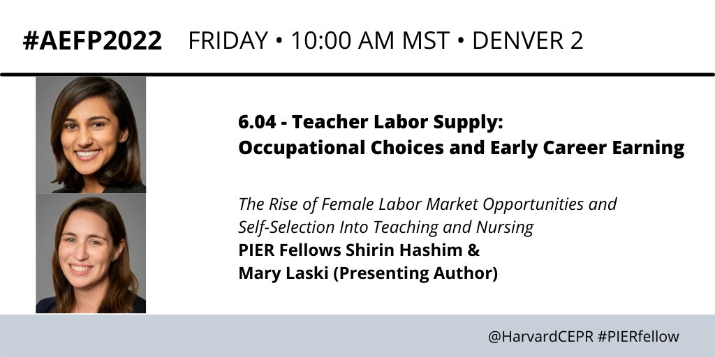Harvard CEPR (@harvardcepr) on Twitter photo #AEFP2022 • THURS • 10am MST • DENVER 2
#PIERfellow <a href="/mary_laski/">Mary Laski</a> shares insights into the rise of female labor market opportunities (via a paper co-authored by #PIERfellow <a href="/shirin_hashim/">Shirin Hashim</a>).
bit.ly/PIER-AEFP2022 #AEFP2022 • THURS • 10am MST • DENVER 2
#PIERfellow <a href="/mary_laski/">Mary Laski</a> shares insights into the rise of female labor market opportunities (via a paper co-authored by #PIERfellow <a href="/shirin_hashim/">Shirin Hashim</a>).
bit.ly/PIER-AEFP2022