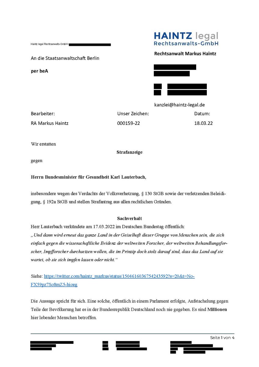 Haintz_MediaLaw's tweet photo. Ich habe heute bei der Staatsanwaltschaft Berlin Strafanzeige gegen Karl #Lauterbach gestellt, wegen des Verdachts der Volksverhetzung und der verletzenden Beleidigung.

Jeder hat das Recht eine Impfung abzulehnen. Eine #Impfpflicht wäre verfassungswidrig.

Rechtsanwalt M. Haintz https://t.co/xV4mNbdgsd