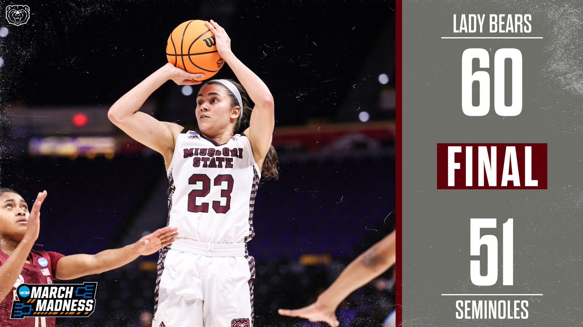 LADY BEARS WIN!!! 

Missouri State defeats Florida State, 61-50! Mya Bhinhar leads MSU with 12 points. Sydney Wilson, Mariah White and Ifunanya Nwachukwu all reach double figures. The Lady Bears will play Saturday when they take on Ohio State at 1:30 p.m.

#FAB | #GNSL | #H4M