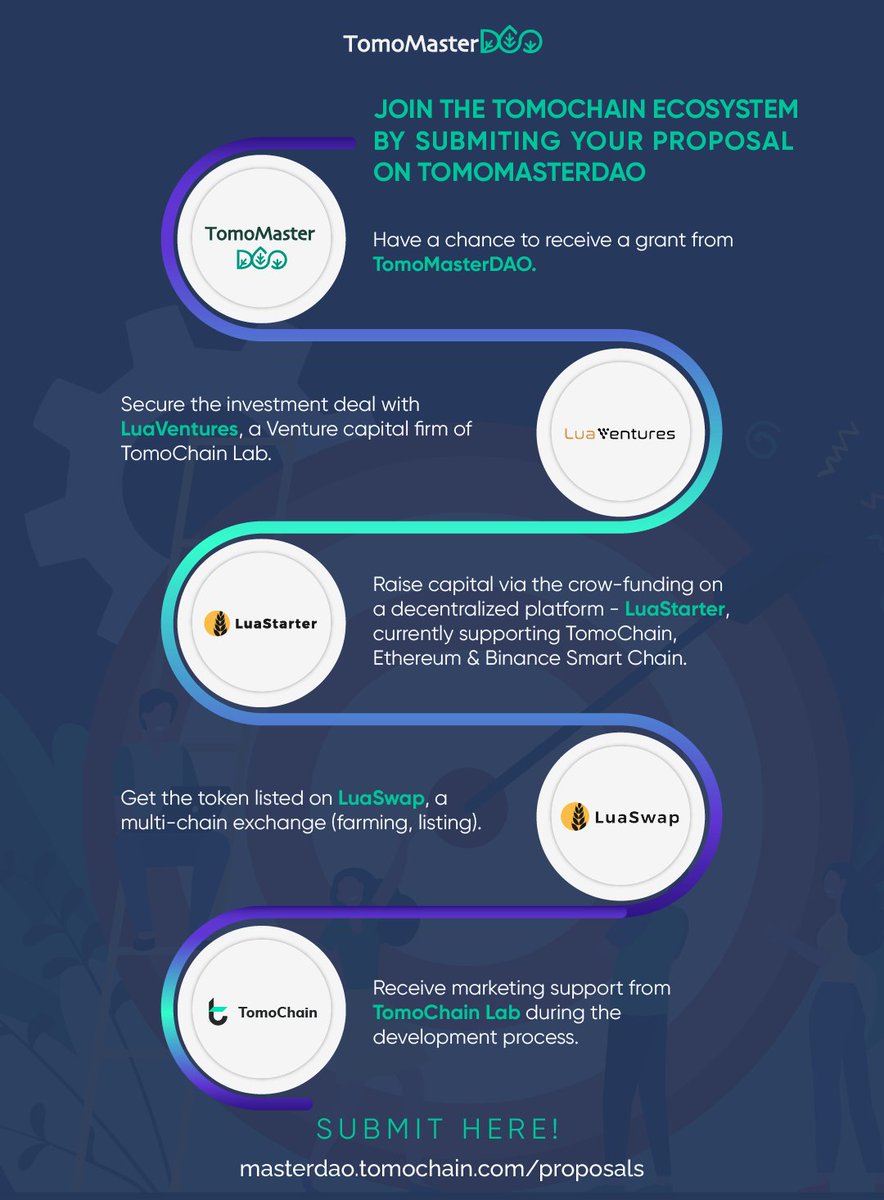Joining the #TomoChain eco just got a whole lot easier. There'd be many possibilities a successful proposal can explore under the support of @TomoChainANN @LuaSwap & @LuaVentures, 1 or unlimited depending on how the team proves the potential. 🚀 👉🏻masterdao.tomochain.com/proposals