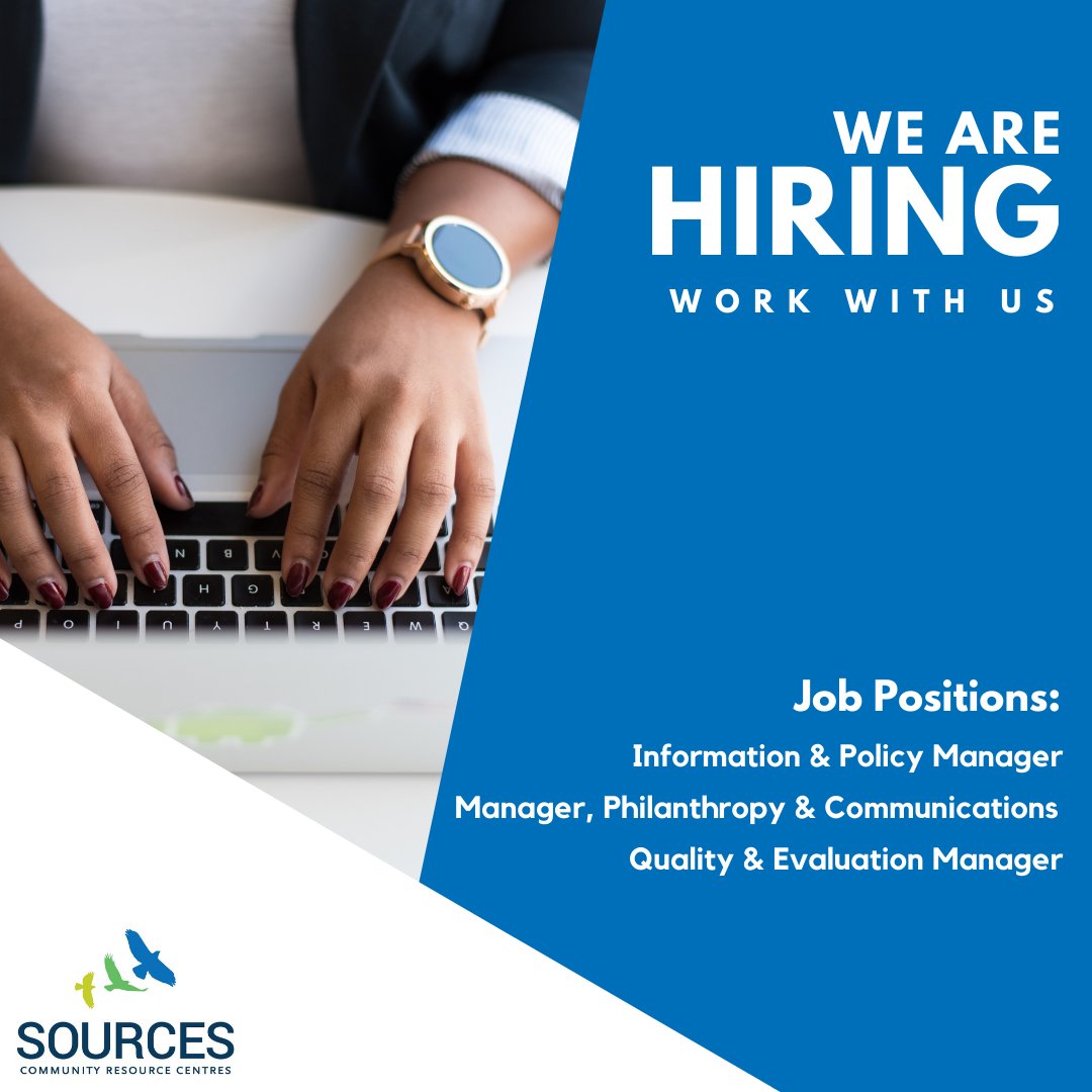 SourcesBC's tweet photo. We are hiring! Make a difference with our Sources team. We're hiring various positions including Information &amp; Policy Manager, Manager, Philanthropy &amp; Communications and Quality &amp; Evaluation Manager. 

Visit our website to learn more: https://t.co/wAjuSoqCvu https://t.co/lrLbQUsMvq
