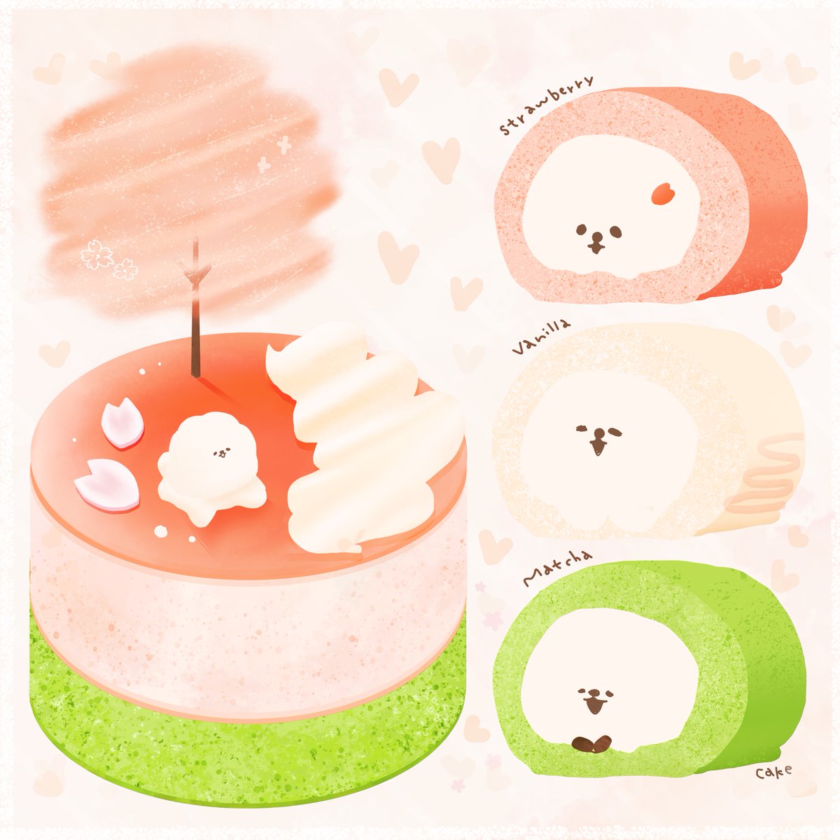 春のお散歩ケーキセット🌸🐶🍡💝🙌
綿飴とムースケーキとロールケーキです🎀
cotton candy &amp; cake🍭🎂🧁🌸🍡

#イラスト #AdobeFresco #お花見 ＃cake