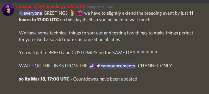 Breeding/Mint UPDATE 
We have to slightly extend the event by just 11 hours to 17:00 UTC on this day (18th) itself. The wait is bearable :)
We have some technical things to sort out and testing few things to make things perfect for you-Also add more customization abilities LFG🚀