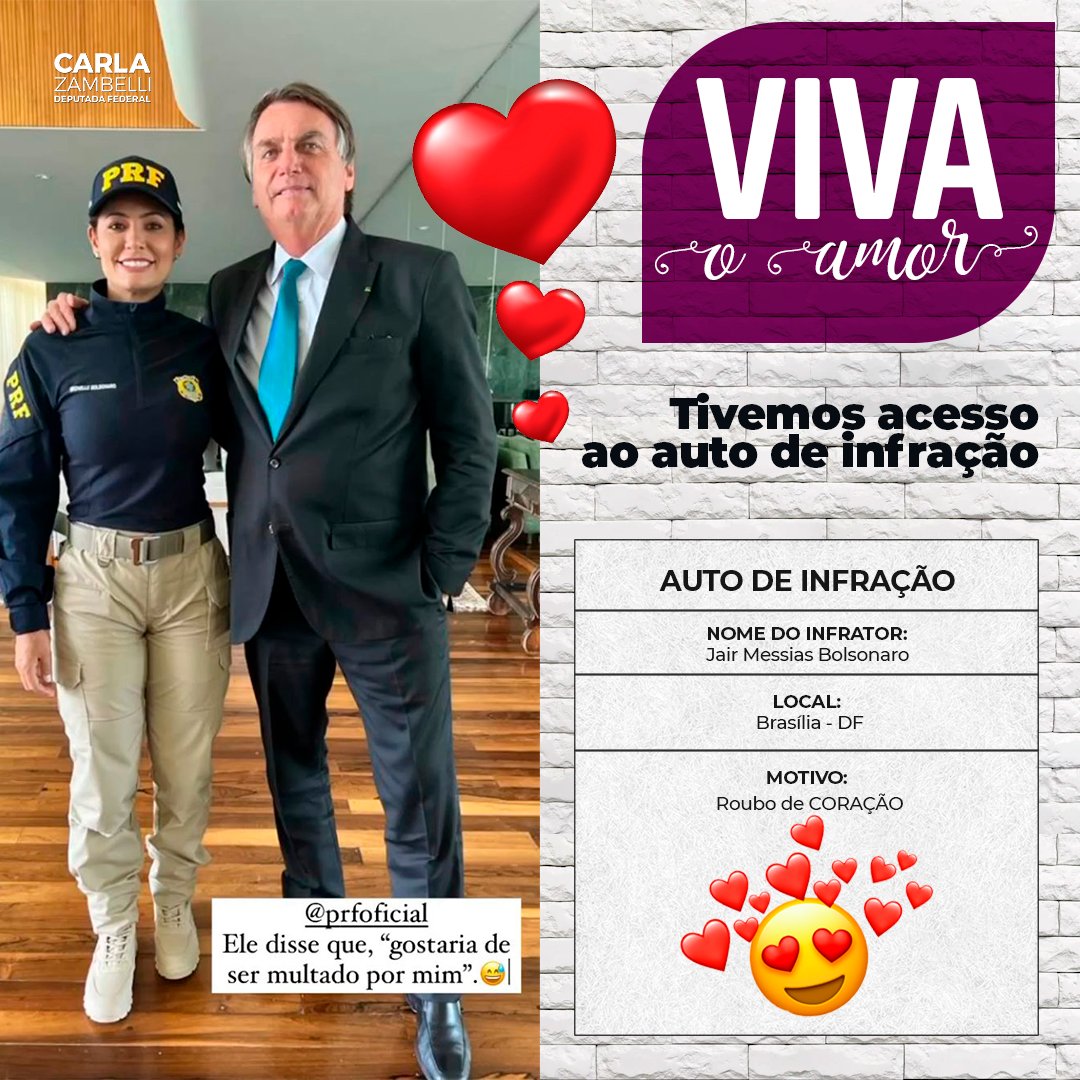 Gente, eles não são tão bonitinhos juntos? O que acham? Ela deve mesmo multá-lo?🥰 <a href="/jairbolsonaro/">Jair M. Bolsonaro</a>