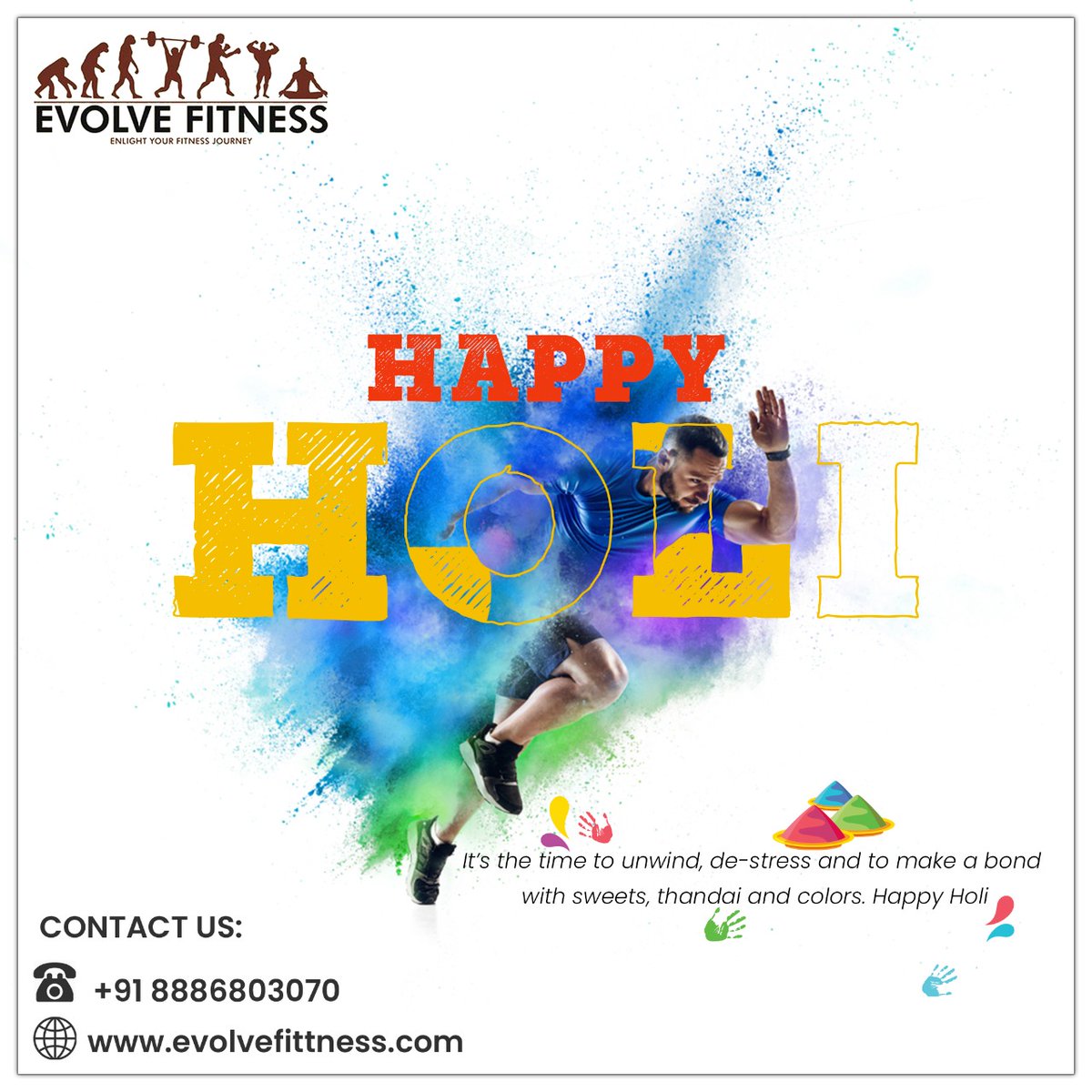 evolvefitnestpt's tweet photo. It's time to unwind from stress and make beautiful memories with colours. Evolve Fitness wishes you a joyous Holi that bring a lot of colours to our lives.

#EvolveFitness #holi #happyholi #india #holifestival #festival #colors #colours #festivalofcolors #indianfestival https://t.co/mqMp7OZITw