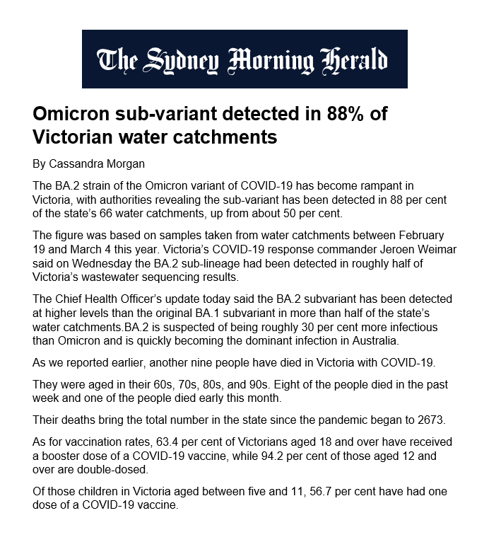 BigBadDenis's tweet photo. Omicron BA.2 sub-variant detected in 88% of Victorian water catchments.
#COVID19Vic #Omicron #BA2strain #SMH https://t.co/TcA8dtpoKY