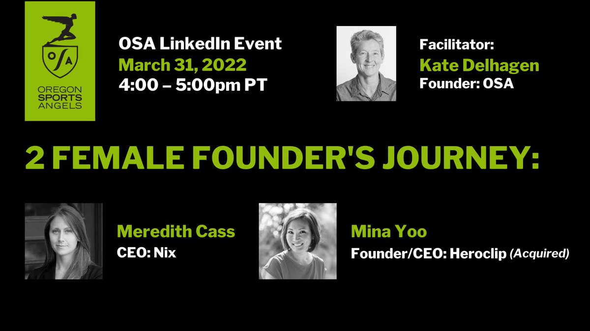 In honor of #WHM, Kate Delhagen, OSA Founder/President, will lead an insightful discussion w 2 OSA female founders. Join us on LinkedIn Live. linkedin.com/posts/oregon-s…

#womensports #womenentrepreneurs #angelinvestors #WHM #womenfounders