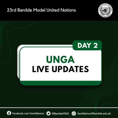 BenildeMUN's tweet photo. 📣[LIVE UPDATES]
UN General Assembly - Day 2 of the 23rd Benilde MUN Conference

Chair: Julia Ibe
Vice Chair: John Atienza
Rapporteur: Elijah Mercado

Captions by: Isabel Adolor &amp; Anna Laganzon
Art by: Maxy Rapisura

#BreakingBarriersForPeace
#ContinueTheLegacy
#23rdBenildeMUN https://t.co/z5eZ2Z29He
