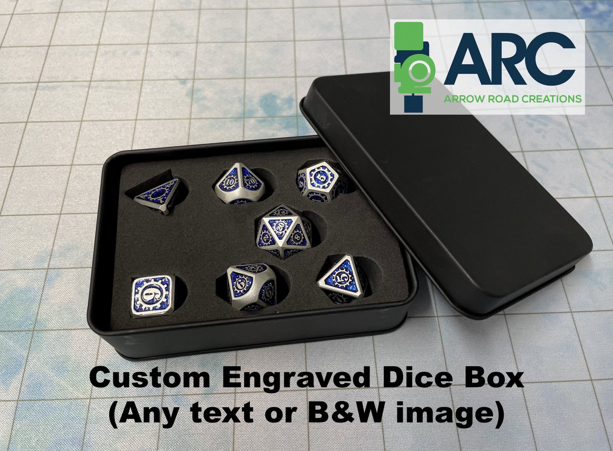 Hello #ttrpg folks! Our third giveaway with 
<a href="/arrow_road/">Arrow Road Creations</a> (we're doing four total!) starts now! 
Enter to win a free set of Artificer Metal Dice with Custom Engraved Dice Box by doing the following: 

❤️Follow us on Twitter
🔁 Like and Retweet
✍️ Comment below and tag a friend