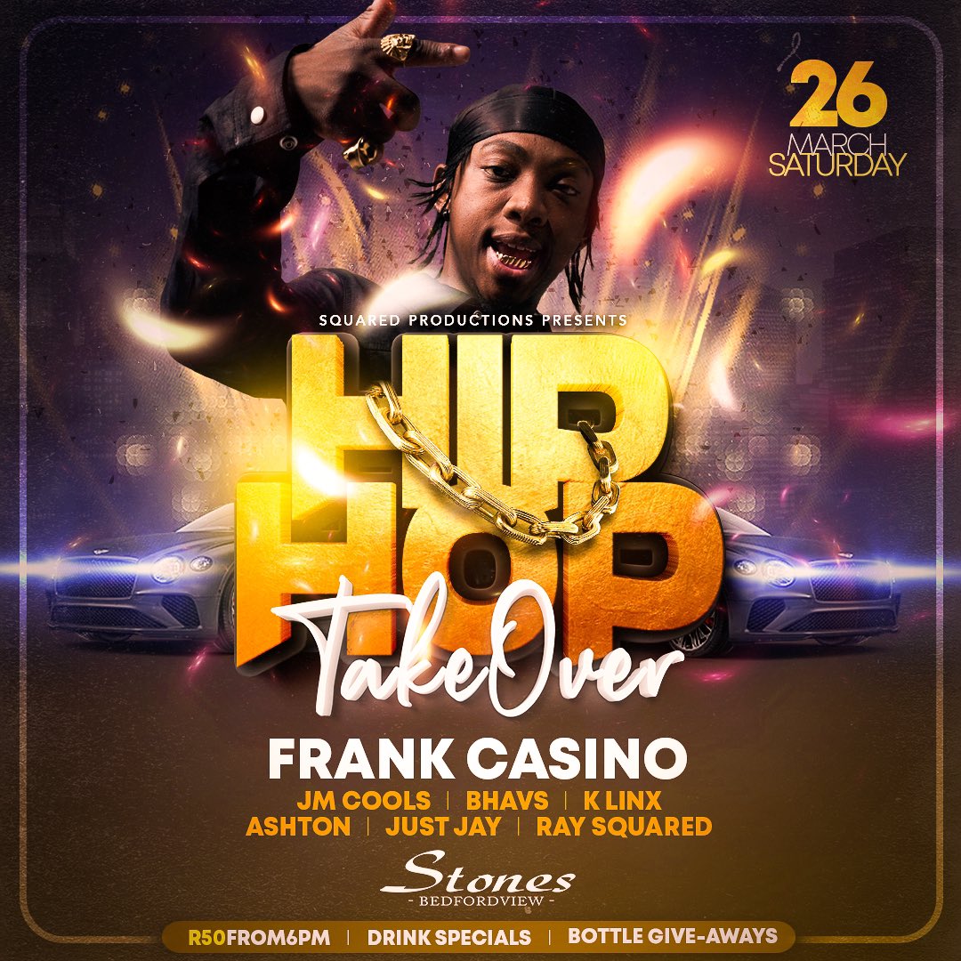 Takeover Tour🎉

20th March 
Palm Tree Takeover Ft. Coco SA 🌴

25th March 
Amapiano Takeover Ft. Da Lootz 🎹

26th March 
HipHop Takeover Ft. Frank Casino 🎤

#SaveTheDates 🔥