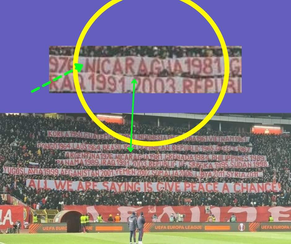 Club serbio Estrella Roja de Belgrado mostró su apoyo a #Rusia en su operativo militar en #Ucrania, al colgar este jueves 17 de marzo una pancarta que enumera más de una docena de ataques de EEUU a otros países, estadio Rajko Mitic, partido Europa League. <a href="/EFIMMS2020/">Escuela Formación Ideológica del MMS ❤️🖤</a>