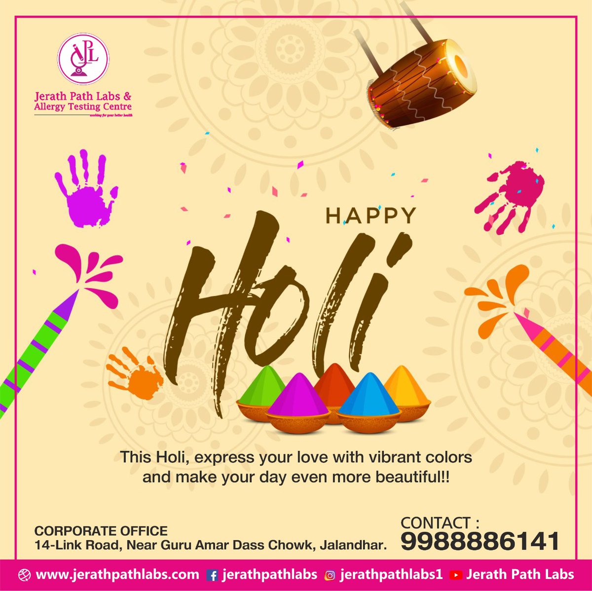 JerathLabs's tweet photo. This Holi, express your love with vibrant colors and make your day more beautiful. Jerath Path Labs &amp;  Allergy Testing Centre wishes you all Happy Holi.

Log in: https://t.co/B8FQ53d2Pf

#JerathPathLabs #jerathgroup #drprashantjerath #jalandhar  #holi #HappyHoli #Colorful https://t.co/hKJ5basHWt