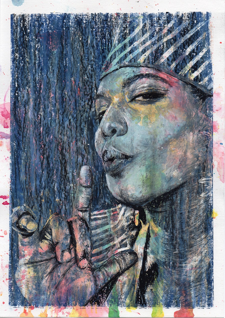 Happy birthday Queen Latifah! This picture: oil and ink on acrylic paper, 21cm x 30cm. 