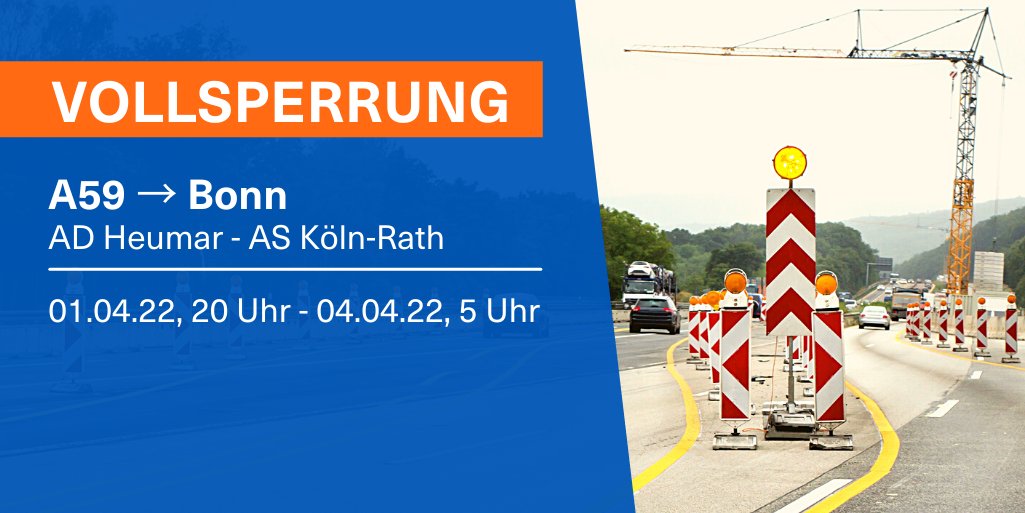 Autobahn_Rheinl's tweet photo. ⛔ Von Freitag (1.4.), 20 Uhr bis Montag (4.4.), 5 Uhr ist die #A59 nach Bonn zwischen #Heumar und #Köln-Rath vollgesperrt. 🚧 Umleitungen stehen. 👷 👷 Die DEGES saniert dort den Standstreifen. (aa) #verkehr 🚘 https://t.co/kbLiiKC2j2