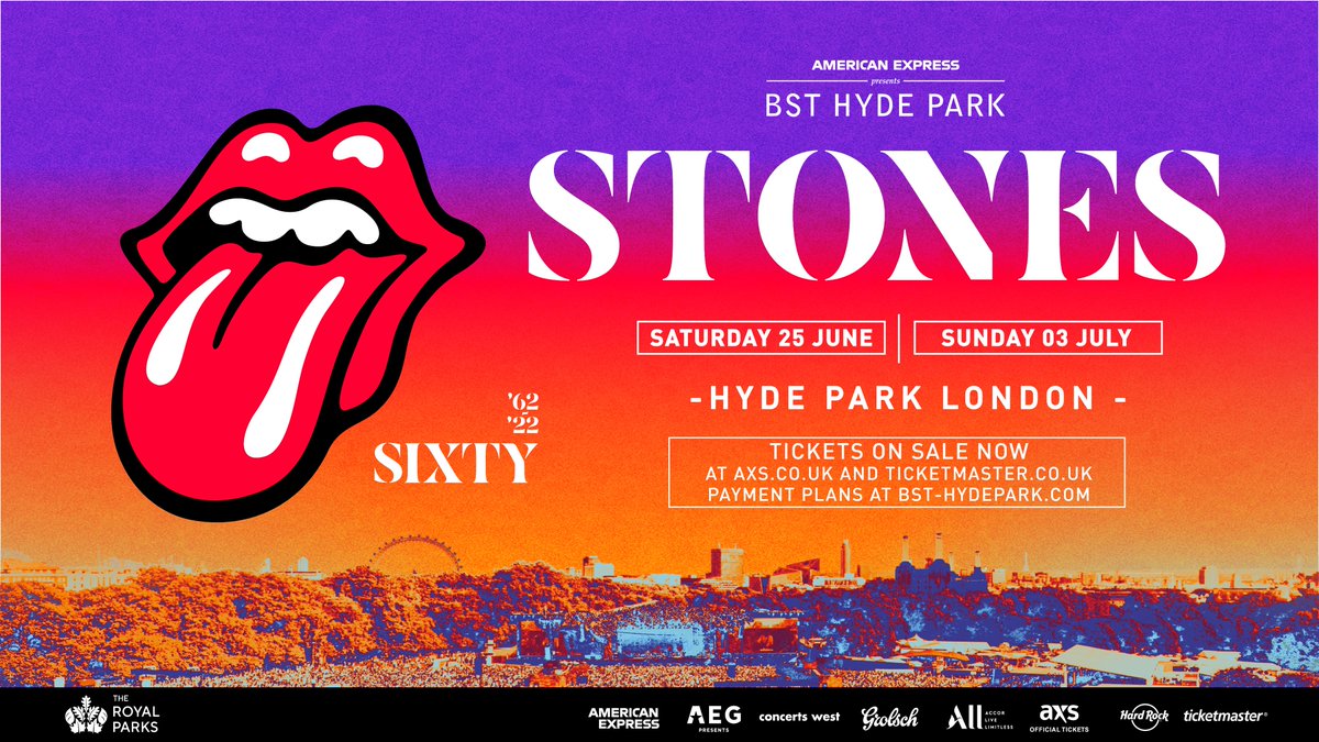 BSTHydePark's tweet image. Tickets for @RollingStones at @AmexUK presents BST Hyde Park are on sale now! 💥 

Celebrate 60 years of one of the world's most iconic bands, Saturday 25 June and Sunday 3 July: bit.ly/rollingstonesb…