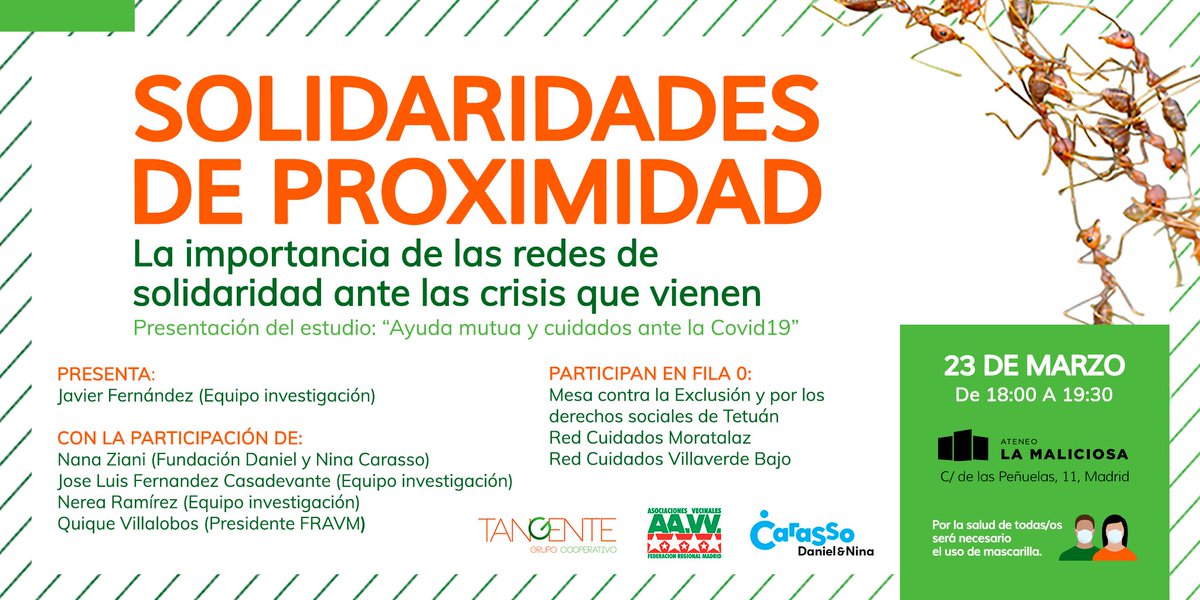 FRAVM's tweet photo. Invitamos a @eossoriocrespo a la presentación de esta investigación de @Tangente_coop sobre el papel de las #RedesVecinalesQueAlimentan ante la Covid19, que han ayudado a más 100.000 madrileños/as. Descubrirá no solo que la pobreza existe, sino tb la grandeza de la solidaridad. https://t.co/qlr7P9skDl