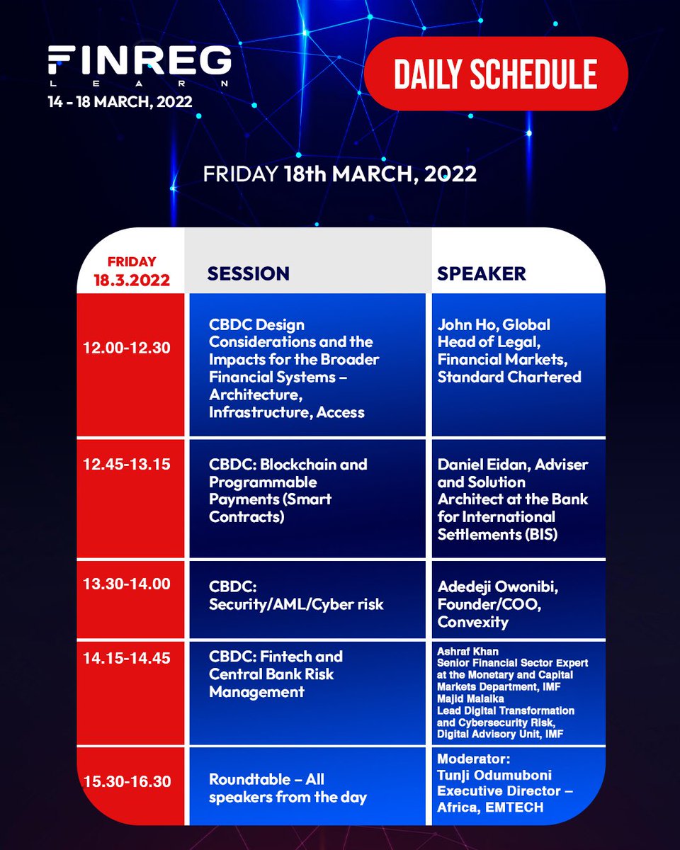 finreglearn's tweet photo. Through lively panels, one-on-one sessions and interactive experiences, the five - day event hosted by @emtech_inc &amp; GIC ends today. 

Join the unforgettable closing event of #FINREGLearn at 12pm (WAT) today via https://t.co/2SnZSI9F8e

#Emtech #gic #Fintech #CBDC #Regulatory https://t.co/HahUaINvw6