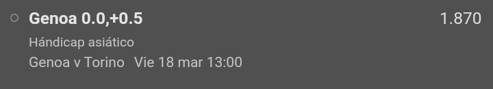 IngTips's tweet photo. 💢Pick del Dia💢
Hándicap Asiático Genoa +0.25
Genoa VS Torino 
Cuota 1.87
Stake 3

#parley #picks #Apuestas #apuestasdeportivas #CalienteMX https://t.co/Bc85yFnO4e