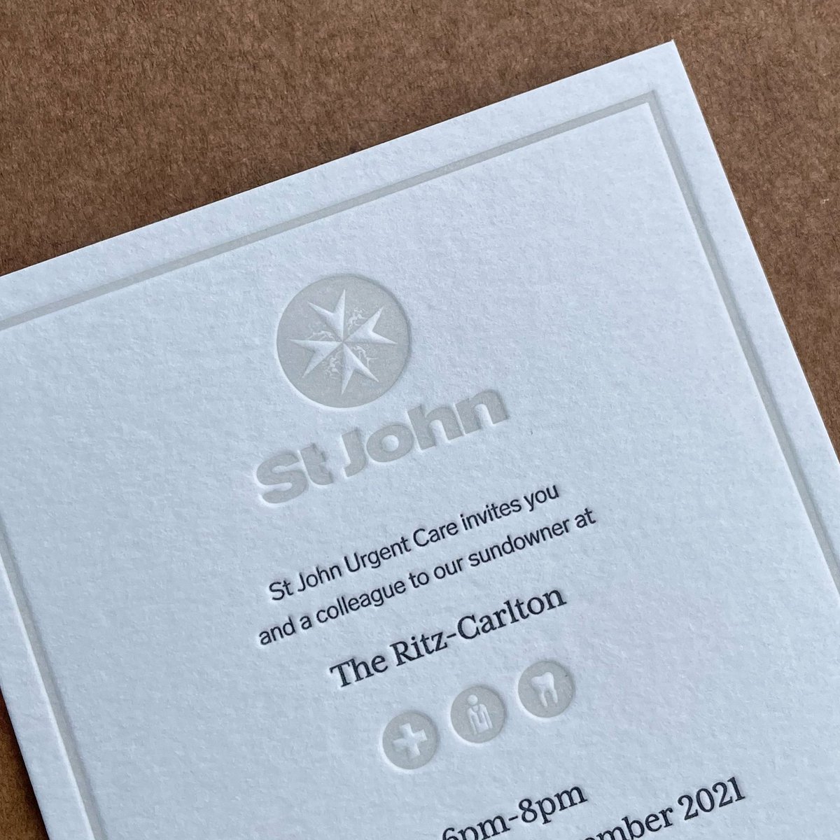 brightpress_'s tweet photo. Can you spot the mini stethoscope and tooth in this @stjohn_wa invitation? Letterpress printed on @ballanddoggett @cordenonspaper 300gsm Wild. 

#letterpress #printing #printisntdead #letterpresslove https://t.co/pE6850VJoy
