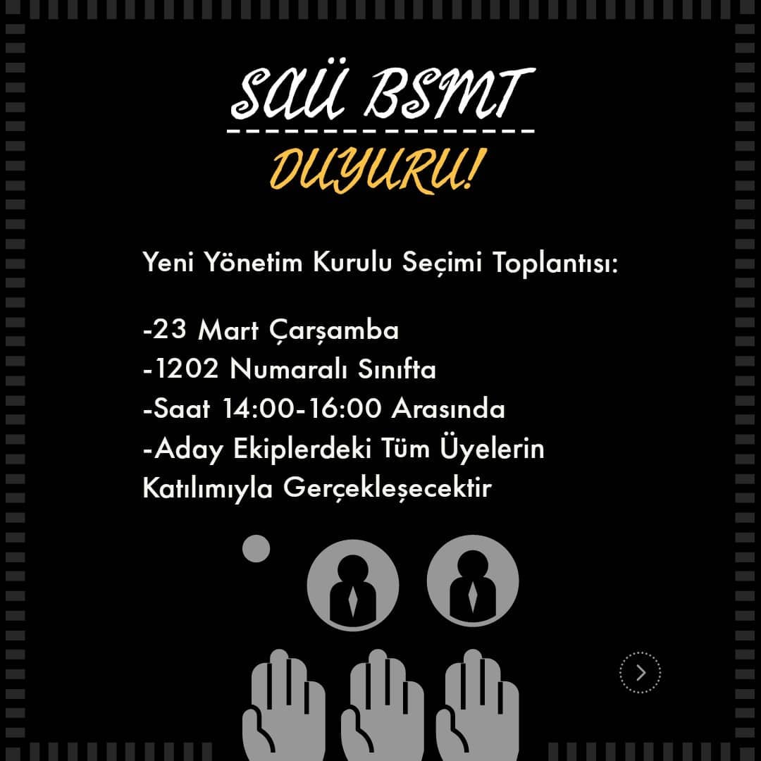 saubsmt's tweet photo. Yeni Yönetim Kurulu Seçimi Toplantısı:

-23 Mart Çarşamba
-1202 Numaralı Sınıfta
-Saat 14:00-16:00 Arasında
-Aday Ekiplerdeki Tüm Üyelerin Katılımıyla Gerçekleşecektir.
#BSMT #SakaryaÜniversitesi https://t.co/YW572fROCr