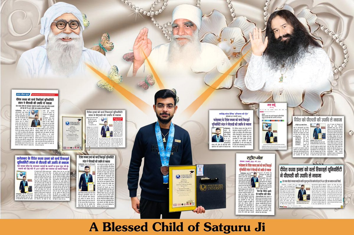 dipeshinsan1's tweet photo. @insan_honey Di, with the pious blessings of @Gurmeetramrahim Papa Ji, received an honorary doctorate degree in Records Breaking from World Records University London. https://t.co/Zyt48WCyod