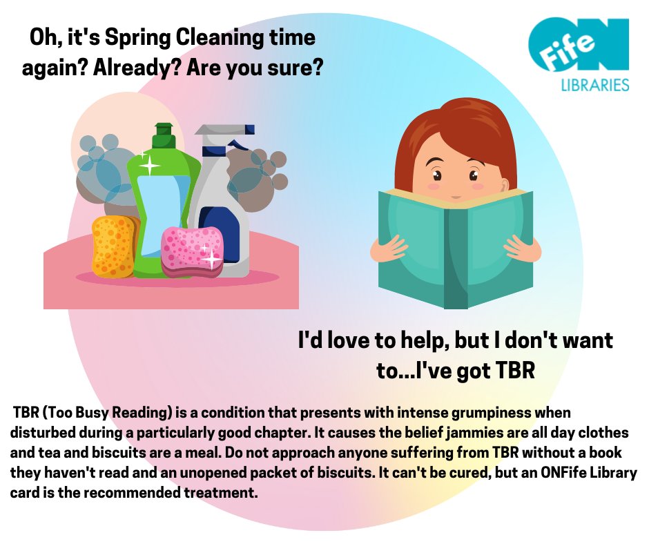 onfifelibraries's tweet photo. Spring lasts a long time. Spring clean in May, not March.  You've got a lot of reading to do, thanks to your ONFife Library card. Oh, you don't have one yet? Head here to join us - https://t.co/B9dOqAys1w #LibrariesAreEssential #FifeLibraries #Fife https://t.co/ErwY93Rwc1