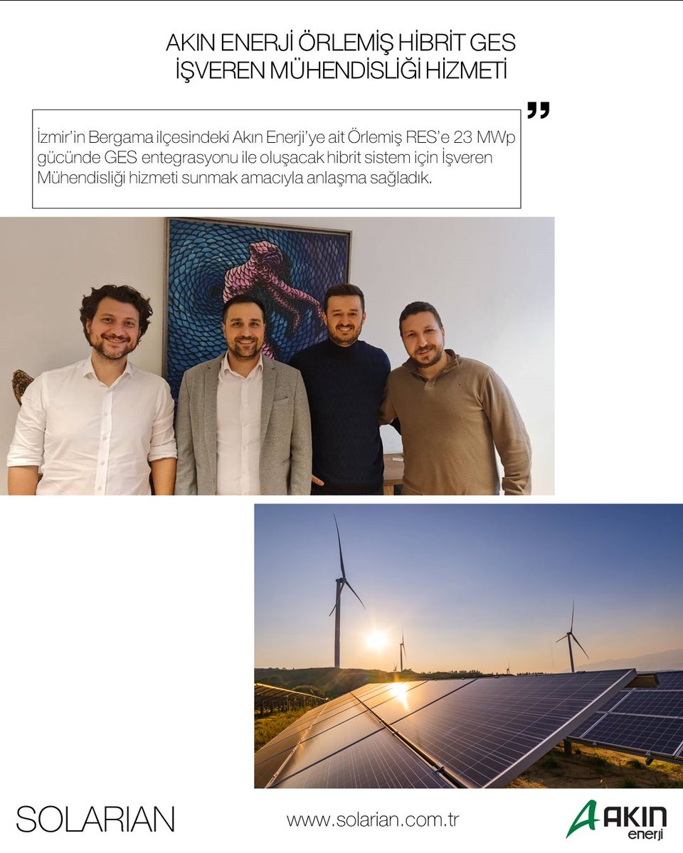 Akın Enerji ile 23 MWp gücündeki Örlemiş Hibrit GES için İşveren Mühendisliği hizmeti sunmak amacıyla anlaşma sağladık. Hibrit GES yatırımları süresince destek vermekten mutluluk duyacağız. 
🌞🌞🌞