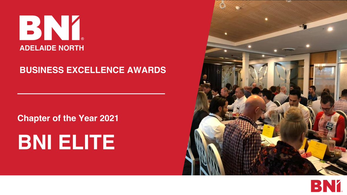 Congratulations to BNI Elite for winning the Chapter of the Year award for BNI Adelaide North in 2021!  #BNIAwardsSA