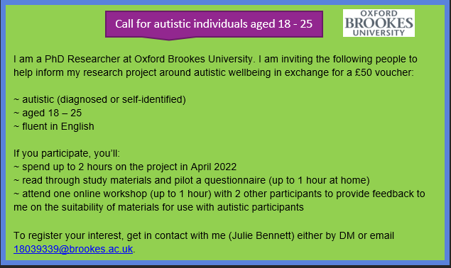 Autistic and aged 18 – 25? 6 people needed to help advise on materials for PhD research on autistic wellbeing. 2 hours of your time for a £50 voucher. See below. #ActuallyAutistic 
#AskingAutistics
#Autism 
#AutisticWellbeing