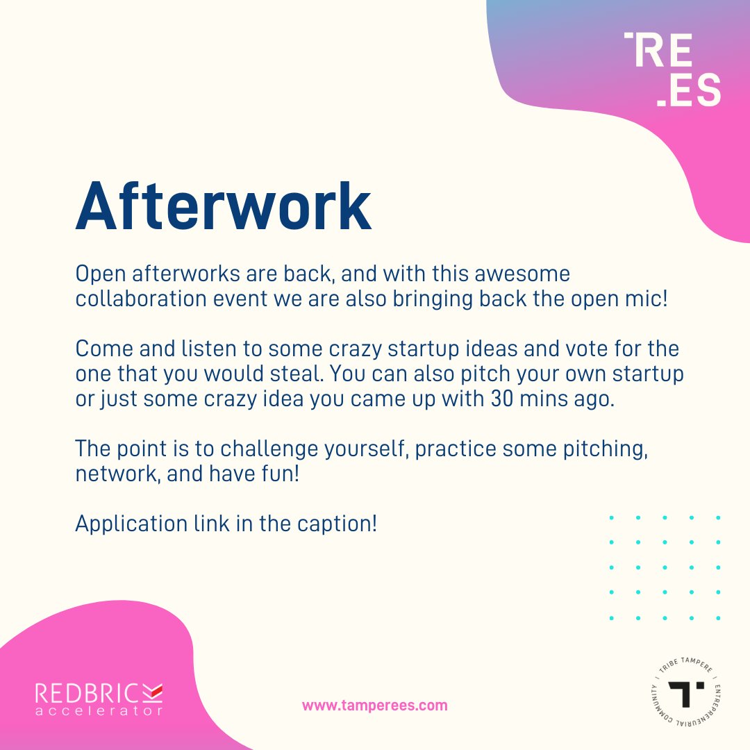 💬 𝗣𝗜𝗧𝗖𝗛, 𝗣𝗟𝗘𝗔𝗦𝗘! 𝗢𝗣𝗘𝗡 𝗔𝗙𝗧𝗘𝗥𝗪𝗢𝗥𝗞 𝗪𝗜𝗧𝗛 <a href="/RedAccelerator/">Red Brick Accelerator</a>  𝗔𝗡𝗗 <a href="/TampereES/">Tampere Entrepreneurship Society</a>  𝟮𝟰.𝟯  
Open afterworks are back, and with this awesome collaboration event we are also bringing back the open mic! Sign up now! tribetampere.com/events-and-opp…