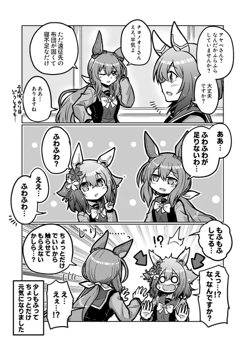 ウマ娘漫画
「ふわふわが足りない」

#ウマ娘 #サクラチヨノオー 
#アドマイヤベガ 