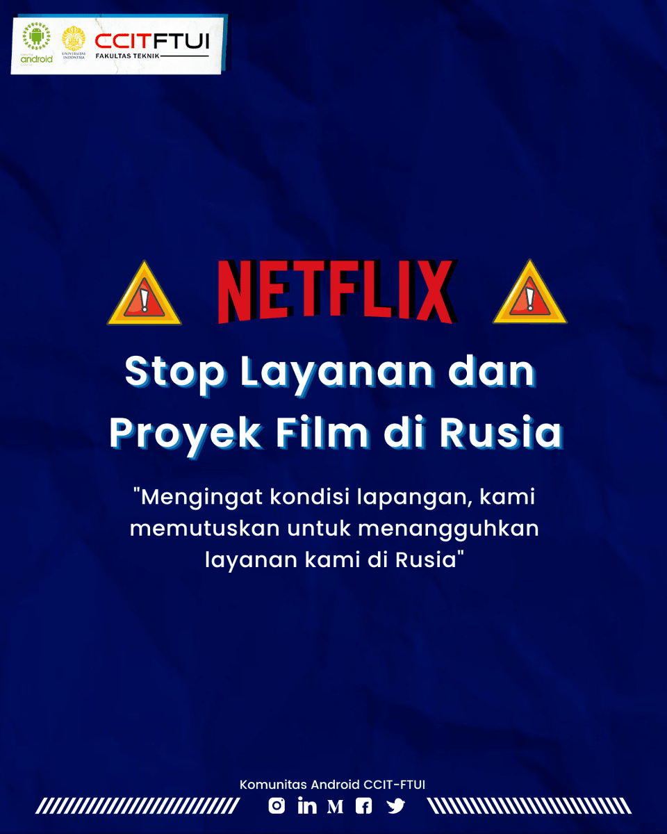 Komandro_FTUI's tweet photo. NETFLIX Stop Layanan dan Proyek Film di Rusia

Halo Sobat Komandro!
Kamu tau gak sih seiring dengan invasi militer oleh Rusia kepada Ukraina, Kini Netfix mengambil keputusan. https://t.co/BrHxP3IRIA