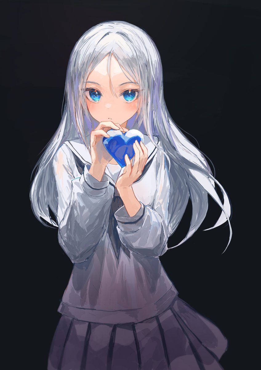 1girl solo blue eyes long hair skirt heart school uniform  illustration images