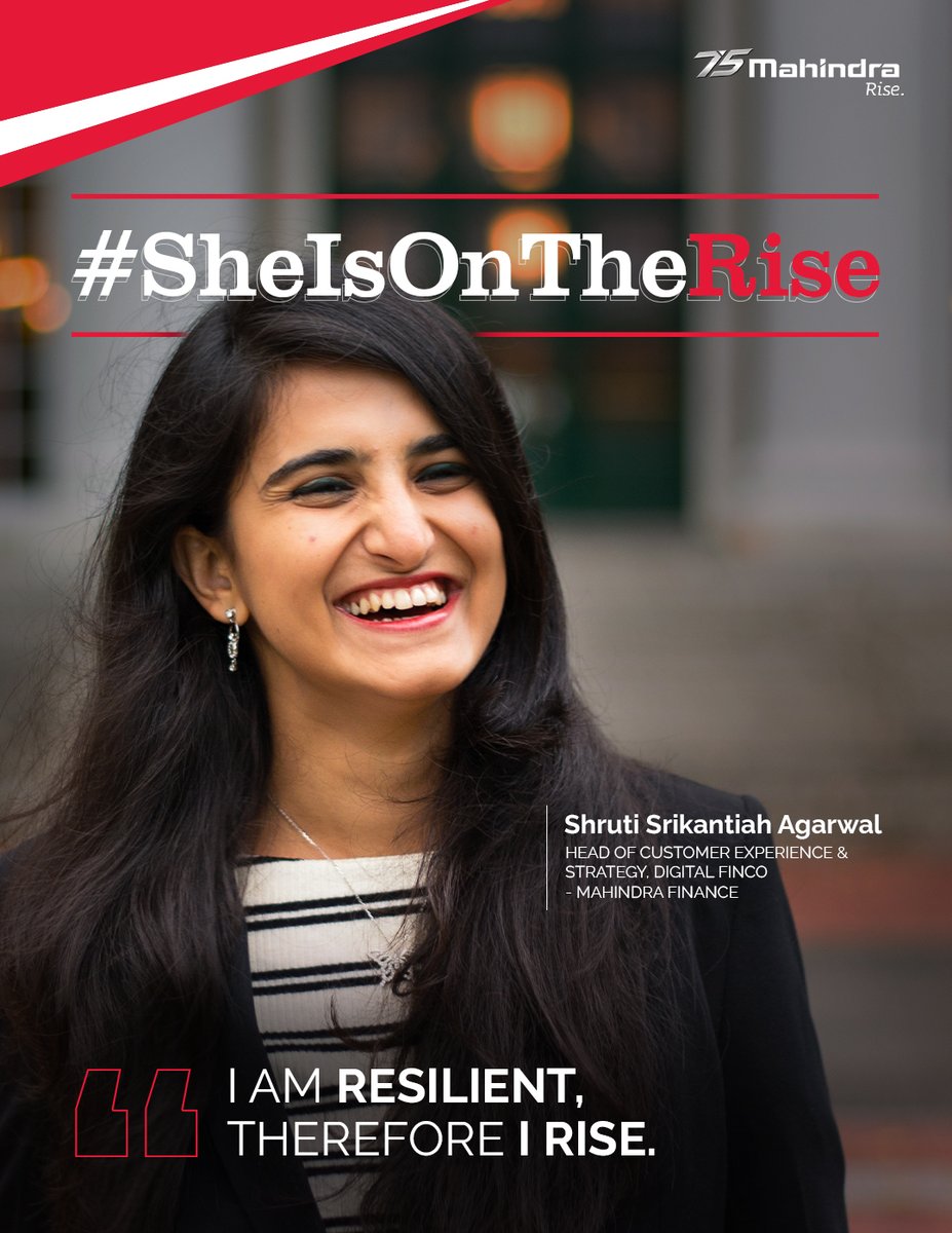 As we dedicate March'22 to the women in our midst, it's our honour to 'Cover' &amp; celebrate those who have it in them to Rise every day. We have Shruti Agarwal, Head- Customer Exp. &amp; Strategy, Digital FinCo, on Day 18 of our #SheIsOnTheRise series."I'm Resilient, therefore I Rise."