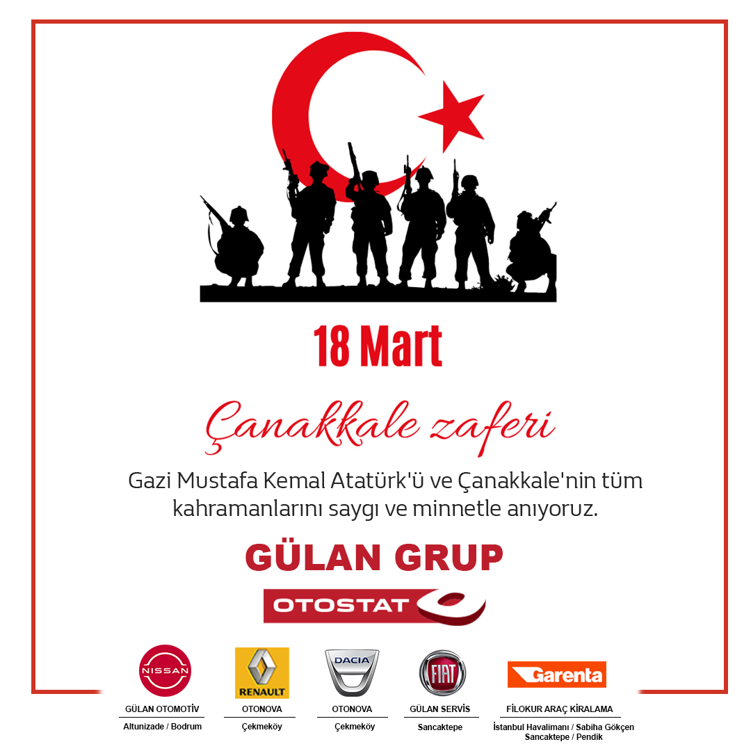 18 Mart Çanakkale Zaferi'nin 107. yılında başta Gazi Mustafa Kemal Atatürk olmak üzere tüm şehit ve gazilerimizi saygı, rahmet ve minnetle anıyoruz. #18MartCanakkaleZaferi #ÇanakkaleGeçilmez
gulanfiat.com.tr - 444 6 873
Fiat Gülan - Farkınız Burada!
#Fiat #FiatTürkiye