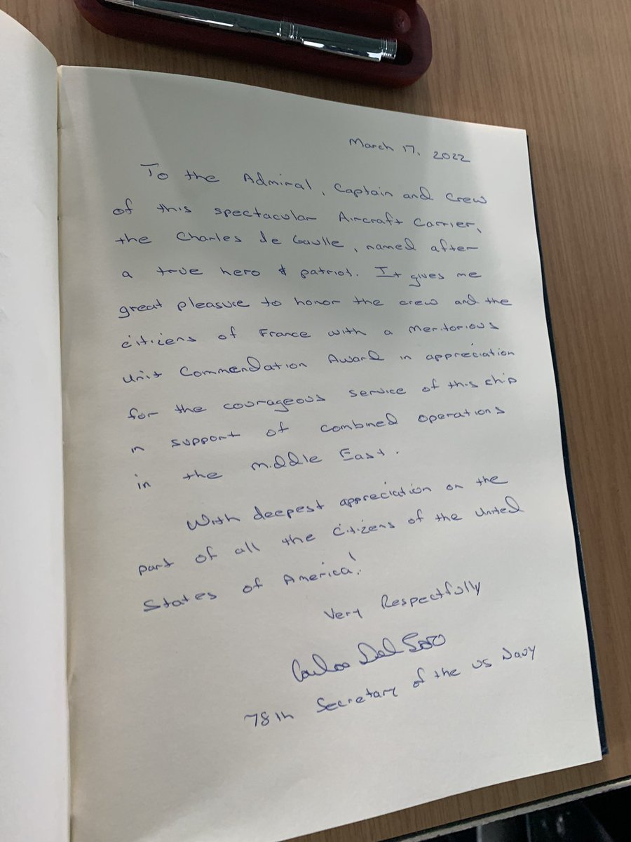 Yesterday I was honored to embark <a href="/French_CSG/">French Carrier Strike Group</a> #CharlesDeGaulle to present them a Meritorious Unit Commendation Award for their deployment to the <a href="/US5thFleet/">U.S. Naval Forces Central Command/U.S. 5th Fleet</a> Area of Operations &amp; operations with <a href="/TheCVN69/">USS Dwight D. Eisenhower (IKE)</a> #MightyIke last year. #WeAreNATO