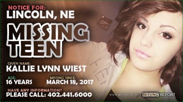 2017 16-year-old Kallie Lynn Wiest went #MISSING from Lincoln #Nebraska #missingpeople @MissingKids <a href="/VFJPod/">Voices for Justice Podcast</a> <a href="/missingcases/">Locate The Missing</a> <a href="/DatelineNBC/">Dateline NBC</a> <a href="/MWilliamPhelps/">M. William Phelps</a> <a href="/FBIOmaha/">FBI Omaha</a> <a href="/OWHnews/">Omaha World-Herald</a> <a href="/NEMissingReport/">NE Missing Report</a>