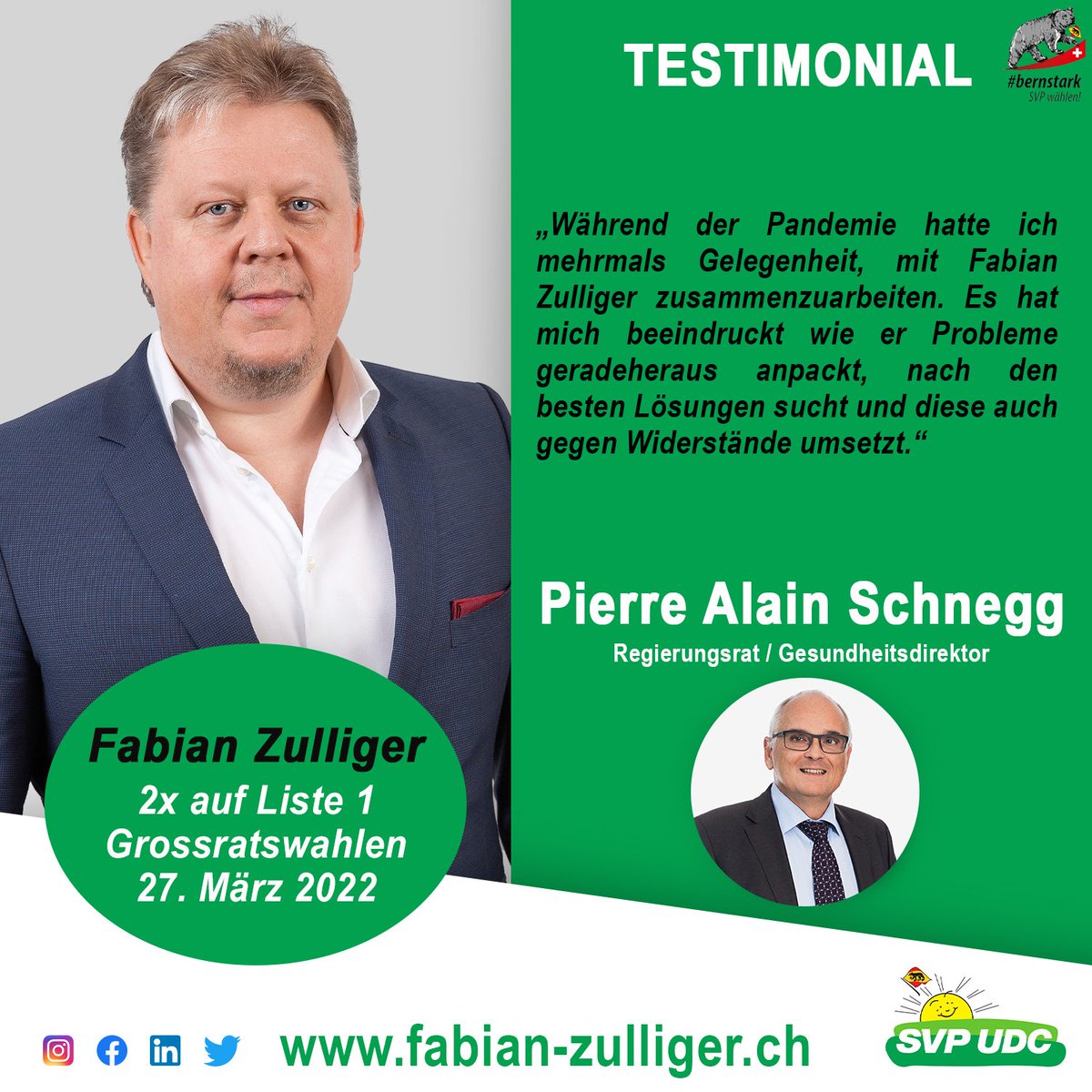 Die heutige Wahlempfehlung kommt von Regierungsrat Pierre Alain Schnegg. Als verantwortlicher OK-Präsident durfte ich im Sommer 2021 während der Durchführung des Pilotprojektes in Gerzensee mit Pierre Alain zusammenarbeiten. Merci! #wahlbe2022 <a href="/paschnegg/">Pierre Alain Schnegg</a>