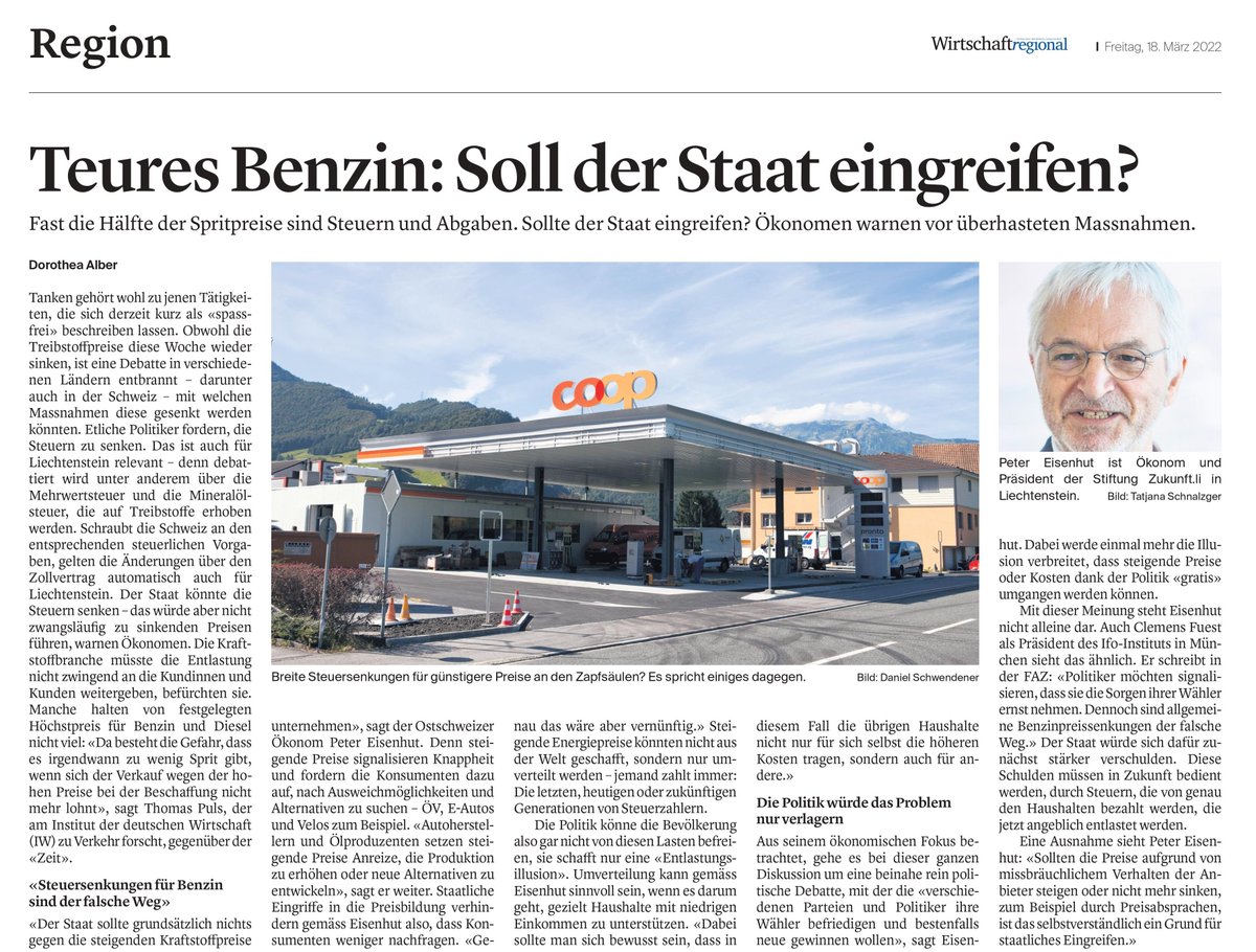 «Steigende Energiepreise können nicht aus der Welt geschafft, sondern nur umverteilt werden – jemand zahlt immer: die letzten, heutigen oder zukünftigen Generationen von Steuerzahlern», sagt Peter Eisenhut von stiftungzukunft.li zu staatlichen Rabatten auf Benzinpreise.