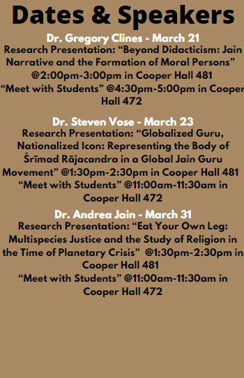 Good morning to all members of the Religious Studies Club! We hereby inform you that the Religious Studies Department is currently interviewing for Jain Studies, and has whittled it down to 3 finalists, which you may see present their research for yourself!