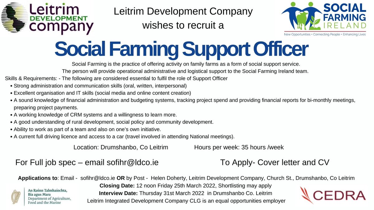 leitrimdevco's tweet photo. We are hiring a Support Officer for our #SocialFarming project @Lairdhse06 based in #Drumshanbo #Leitrim Send Cover letter &amp; CV by 12noon Friday 25th March &amp; for job spec email sofihr@ldco.ie https://t.co/exEg3qddBP