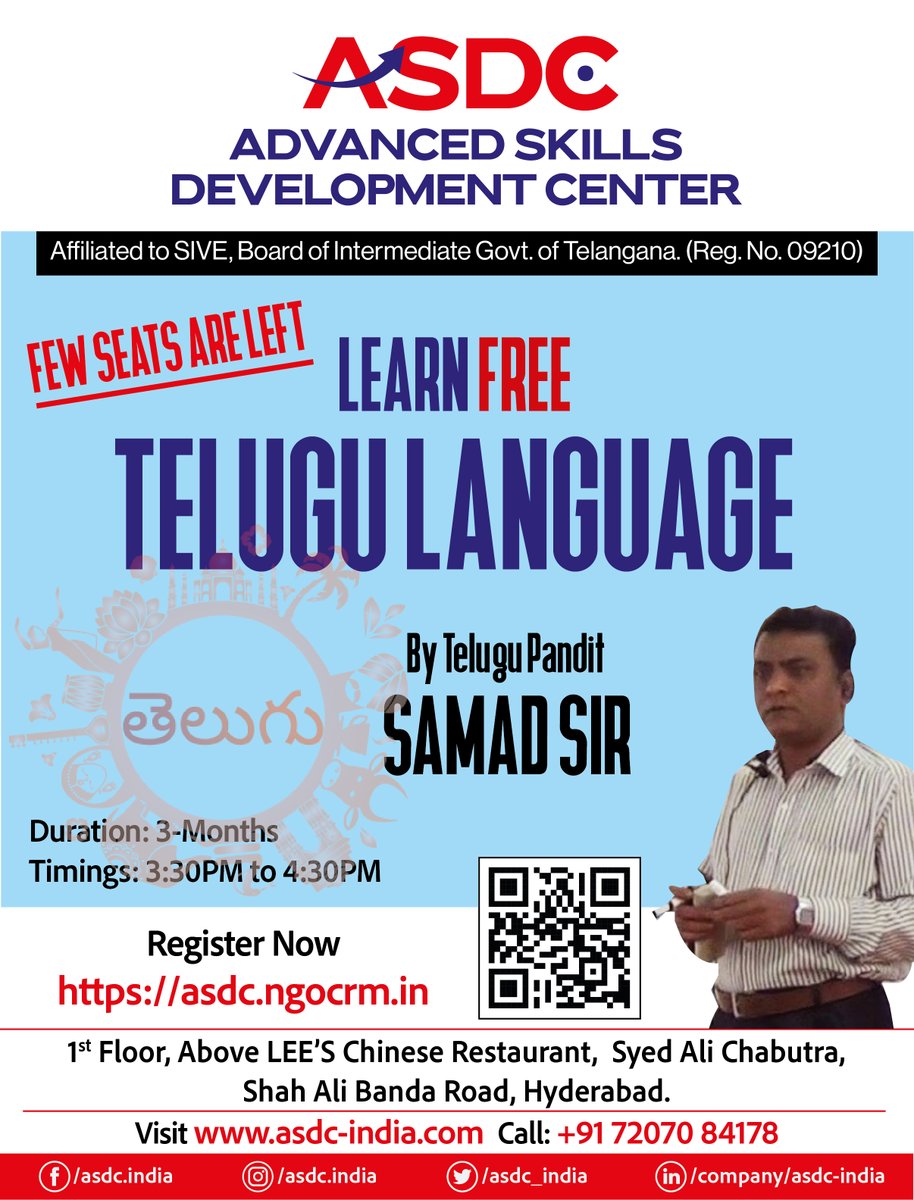 asdc_india's tweet photo. Want to learn Telugu but can't find a good Master?
Learn Spoken Telugu in 90-Days, Easy method learning, learn from basics to advanced level of Spoken Telugu. Expert and Experienced Telugu (Pandit) Master, Teach 1000s of students around the globe.
#spokentelugu #SpokenTelugu https://t.co/bwyGScTnoc