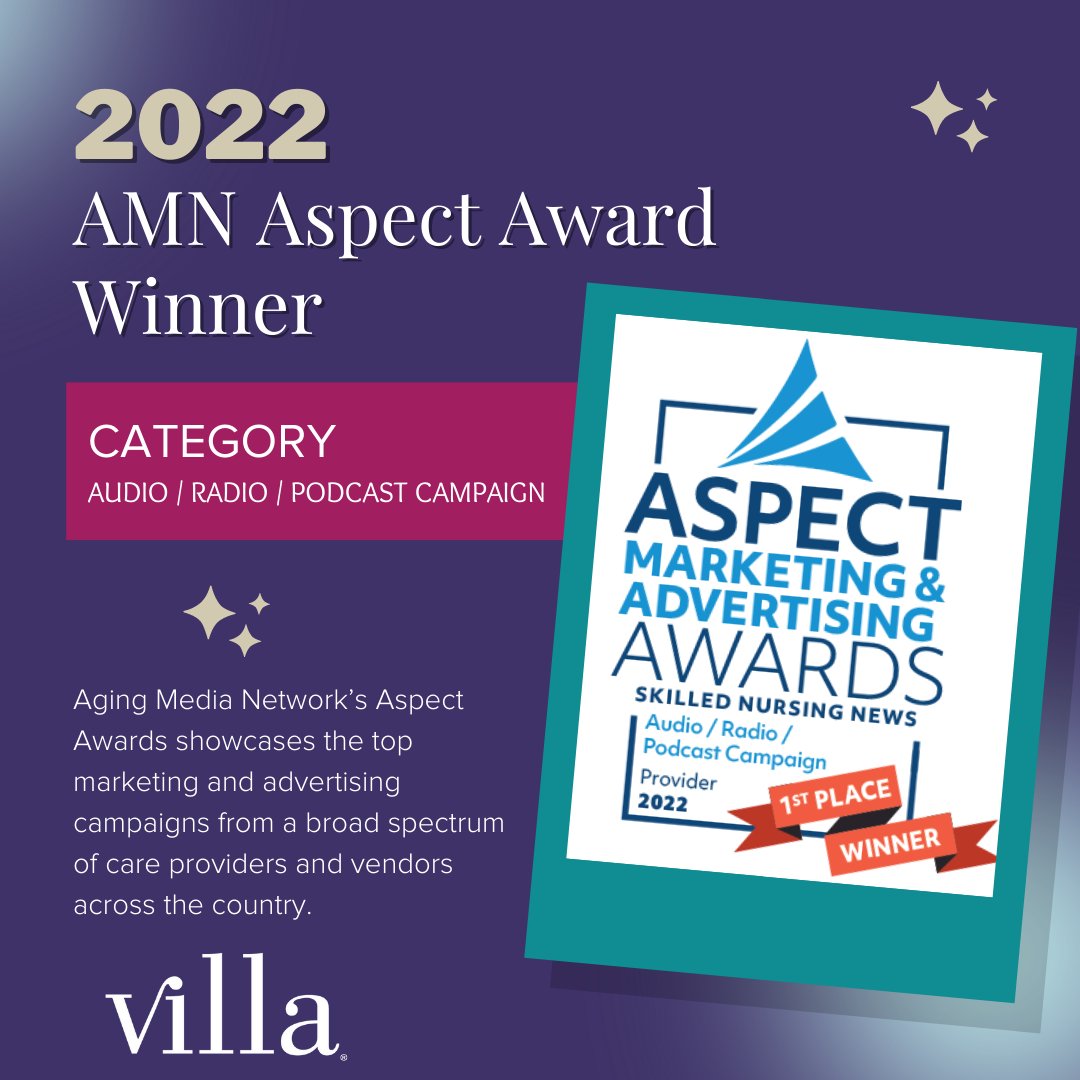 VillaHealthCorp's tweet photo. We're so excited to announce that we are the #winner of the 2022 @AgingMedia #Aspect #Award in the #Audio/#Radio/#Podcast #Campaign category for our Infection Prevention Pearls of Wisdom Campaign!
#Villa #WeMakePeopleBetter #AspectAwards
#eldercare #nursingcare #seniorcare #care https://t.co/dKPNxo9rK6