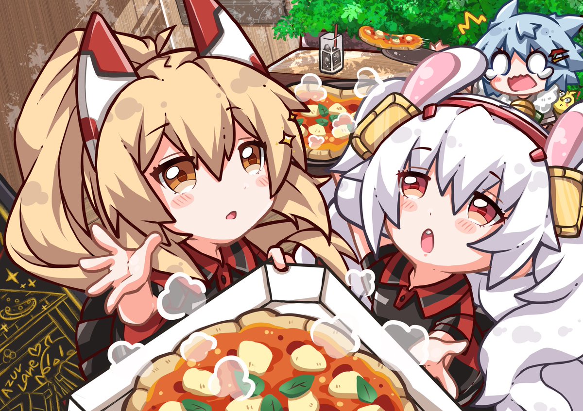 綾波(アズールレーン) ,ラフィー(アズールレーン) 「お待たせしました…です✨🍕🍕🍕
#アズールレーン
#綾波
#ラフィー
#吹」|mikuchi_(:3」∠)_☕🥪✨skeb受付中🎨のイラスト