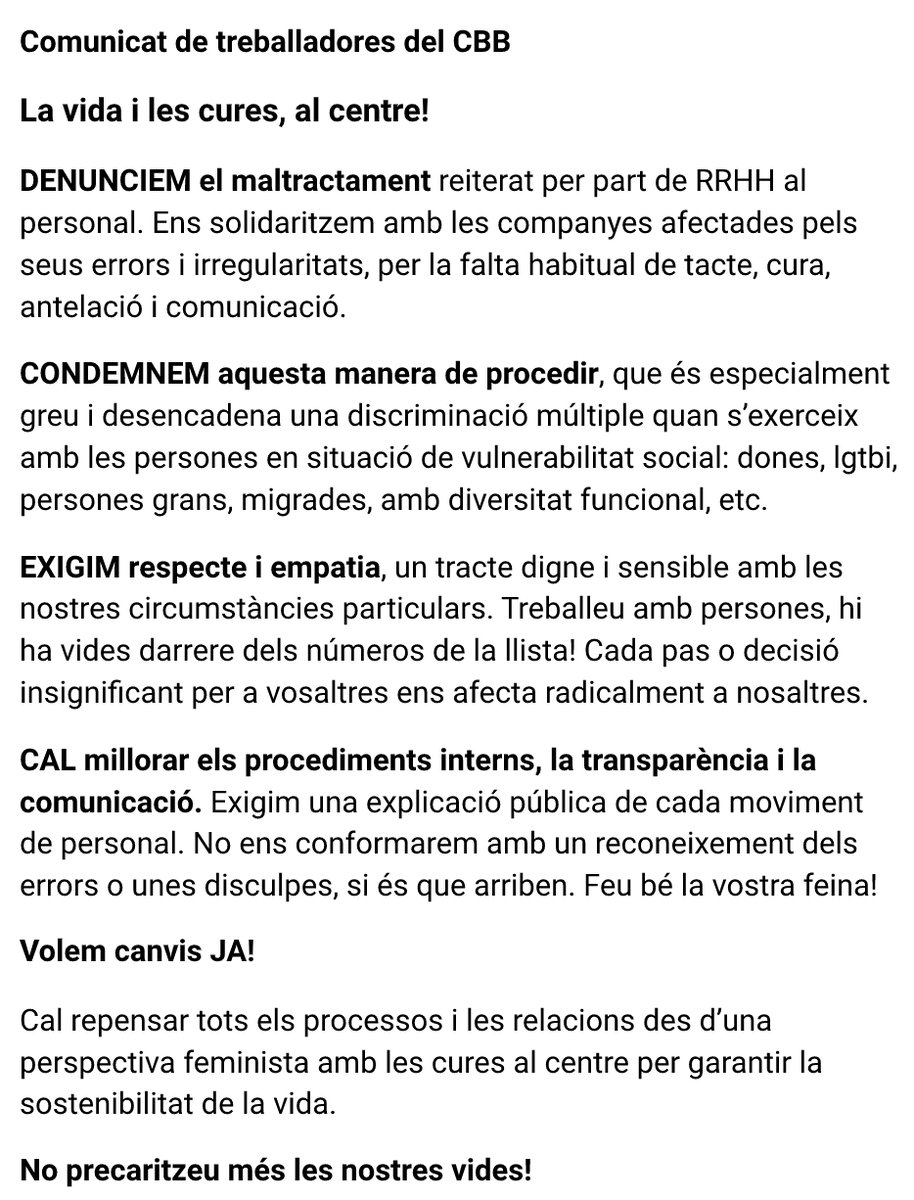 BibPrecarias's tweet photo. Comunicat de treballadores de @BibliotequesBCN
La vida i les cures, al centre! #CBBprecaritza #RecursosInhumans
#ExigimTracteDigne #NoVolemDisculpes #GestioneuVides #DefensemBibliosBcn @defensembiblios #SerBibliotecàriaÉs https://t.co/UsfpIQfngi